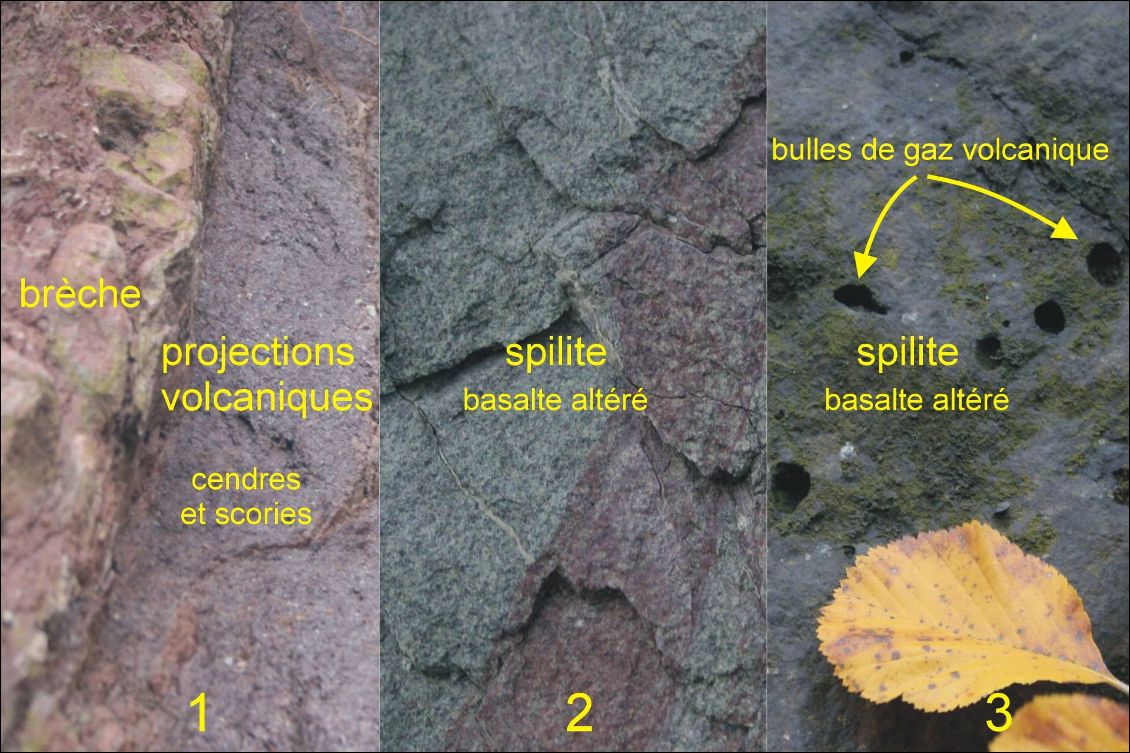 Trois aspects des roches volcaniques de Beaufin.
