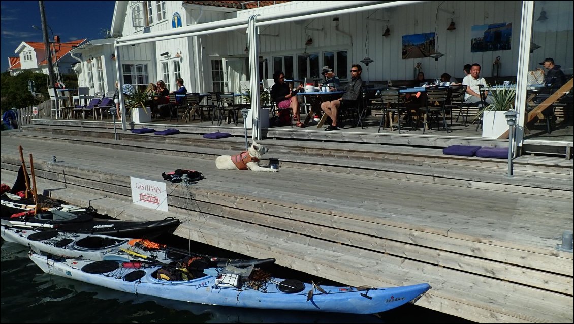 Pause bière à Hamburgsund, pratique le parking à kayaks :-)